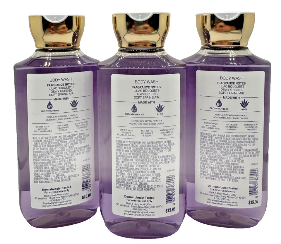 NEW Bath & Body Works Lot of 3 Bottles Fresh Cut Lilacs Body Wash Shower 10 oz